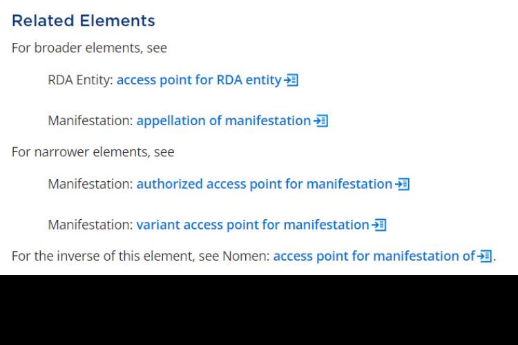 screen capture of the Related Elements section of an RDA Toolkit page